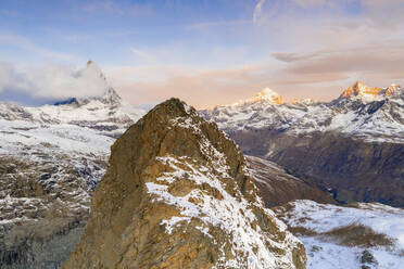 Aerial view of Riffelhorn ridge, Matterhorn and Dent Blanche at sunrise, Zermatt, canton of Valais, Swiss Alps, Switzerland, Europe - RHPLF13858