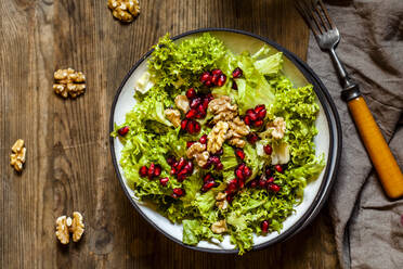 Bowl of green salad with walnuts and pomegranate seed - SBDF04194