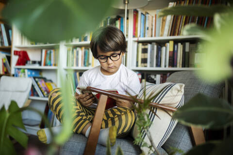 Porträt eines konzentrierten Jungen mit Brille, der auf einem Sessel sitzt und ein Buch liest, lizenzfreies Stockfoto