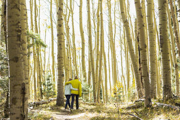 Rear view of mother and her teen age daughter hiking in the autumn aspens - MINF13657