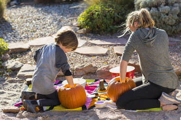 Ein Mädchen im Teenageralter und ihr Bruder schnitzen an Halloween Kürbisse. - MINF13680