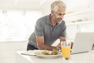 Mature man using laptop in kitchen at home - SDAHF00310