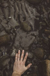 Männliche Hand berührt Steine im Wasser - JOHF08407