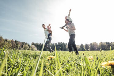 Happy family with two kids on a meadow in spring - WFF00274