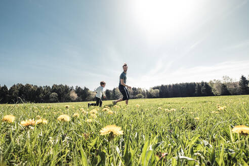 Vater und kleiner Sohn haben Spaß zusammen auf einer Frühlingswiese - WFF00288