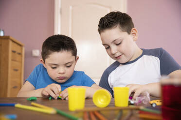 Junge mit Down-Syndrom und Bruder spielen mit Spielzeug - HOXF04973