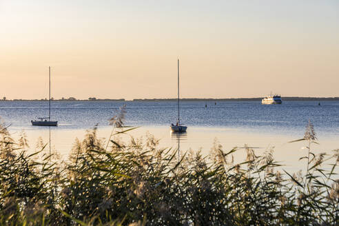 Deutschland, Mecklenburg-Vorpommern, Ostsee, Insel Rügen, Schaprode, Schaproder Bodden, Boote auf See bei Sonnenuntergang - WDF05792