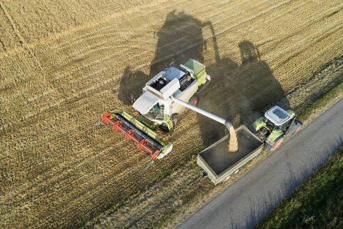 Deutschland, Bayern, Drohnenansicht eines Mähdreschers beim Entladen von Getreide auf einen Traktor - RUEF02626