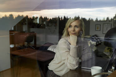 Portrait of blond woman with laptop behind windowpane at home - RBF07063