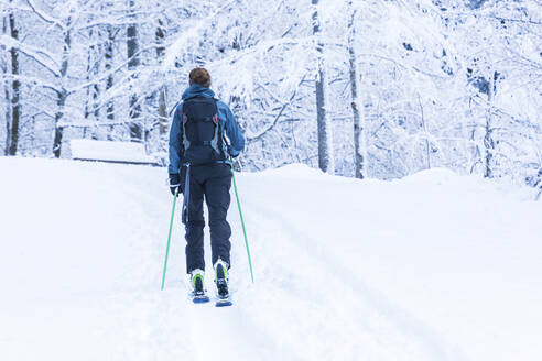 Deutschland, Bayern, Reit im Winkl, Rucksacktouristin beim Skifahren im Winterwald - MMAF01257