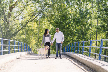 Ein Paar spielt mit seinem Hund in einem Park - DGOF00435