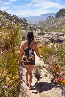 Junge Frau beim Wandern auf einem sonnigen Weg in Kapstadt, Südafrika - CAIF23837