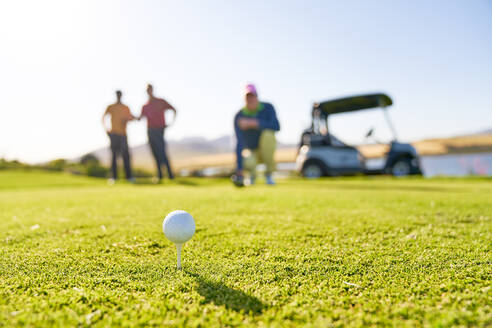 Golfball auf dem Abschlag am sonnigen Abschlagplatz - CAIF23851