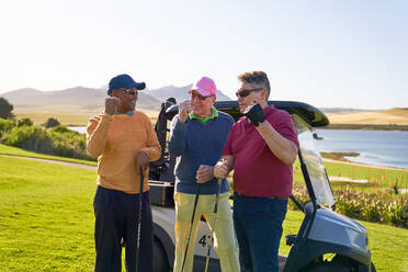 Männliche Golfer jubeln auf dem sonnigen Golfwagen - CAIF23866