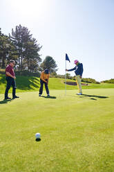 Male golfer putting at hole on sunny golf course putting green - CAIF23893