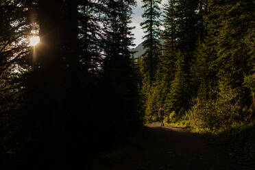 Jugendlicher geht auf einem Pfad in den kanadischen Rocky Mountains spazieren, während die Sonne untergeht - CAVF74850