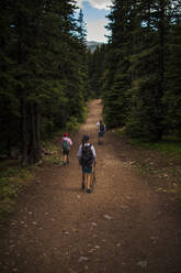 Father and two teen sons walking on trail after fishing in the Canadian Rockies - CAVF74852