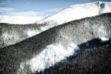 Weitwinkel von schneebedeckten Berghängen mit Nadelbäumen - CAVF74963