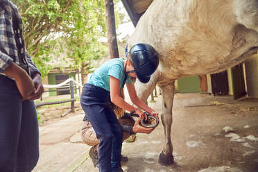 Girl cleaning horse hoof outside stables - CAIF24274