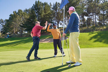 Männliche Freunde, die sich auf dem sonnigen Putting Green eines Golfplatzes die Hände reichen - CAIF24481