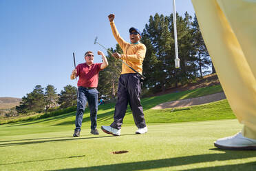 Glückliche männliche Golfer jubeln auf dem sonnigen Putting Green - CAIF24497