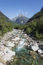 Steine und Felsen im klaren türkisfarbenen Wasser des Flusses Verzasca, Verzascatal, Tessin, Schweiz - GWF06461