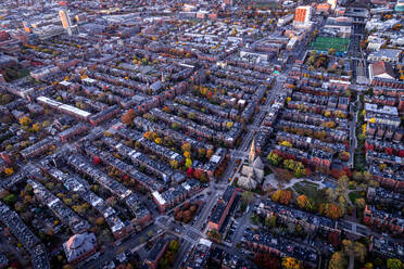 Boston aerial views from helicopter during peak foliage at sunrise. - CAVF75197