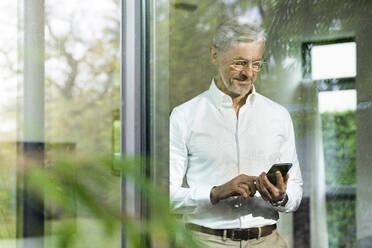 Älterer Mann mit grauen Haaren in modernem Design-Wohnzimmer tippt auf Smartphone - SBOF02095