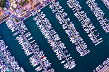 Spain, Balearic Islands, Mallorca, Portals Nous, Puerto Portals, Aerial view of luxury marina at sunset - AMF07880