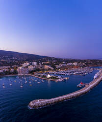 Spain, Balearic Islands, Mallorca, Portals Nous, Puerto Portals, Aerial view of luxury marina at sunset - AMF07882
