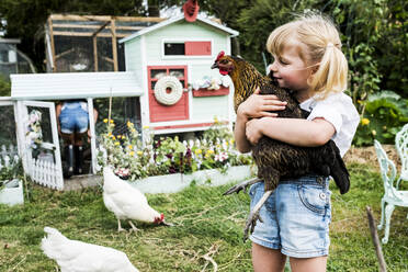 Blond girl standing in a garden in front of hen house, holding brown chicken. - MINF13954