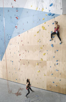 Frau mit einem Seil, das einen Partner an der Wand in einer Kletterhalle sichert - AHSF01922