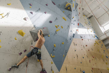 Mann ohne Hemd klettert in einer Kletterhalle an der Wand - AHSF01943