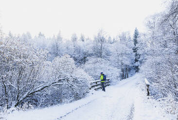 Deutschland, Nordrhein-Westfalen, Männlicher Wanderer bewundert die schneebedeckte Landschaft des Nationalparks Eifel - GWF06491