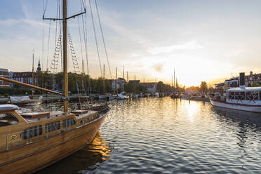 Deutschland, Mecklenburg-Vorpommern, Greifswald, Segelschiffe im Hafen bei Sonnenuntergang - WDF05829