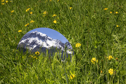 Runder, im Gras liegender Spiegel, in dem sich die Berge des Gadertals, Südtirols und Ilaty spiegeln - PSTF00602