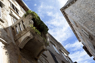 Kroatien, Istrien, Rovinj, Alte Gebäude in der Stadt, zugewachsener Balkon, Blick von unten - PSTF00606