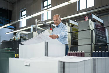 Geschäftsmann in einer Druckerei bei der Produktkontrolle - DIGF09363