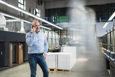 Businessman talking on the phone in a factory - DIGF09383