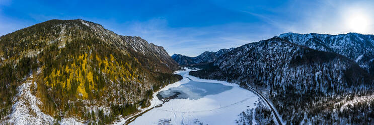 Germany, Bavaria, Reit im Winkl, Helicopter view of snowcapped valley in Chiemgau Alps - AMF07905