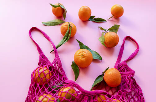 Studio shot of ripe clementines and eco-friendly reusable mesh bag - GEMF03442