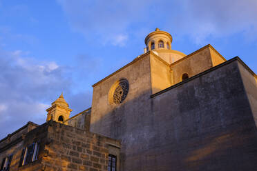 Spain, Balearic Islands, Petra, Low angle view of Santuari De La Mare De Deu De Bonany at dusk - SIEF09575