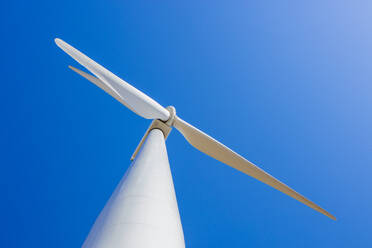 Windturbine gegen blauen Himmel aus niedrigem Winkel - CAVF75648