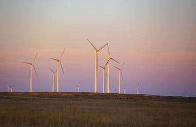 Wind Turbines in field against sunset sky - CAVF75658