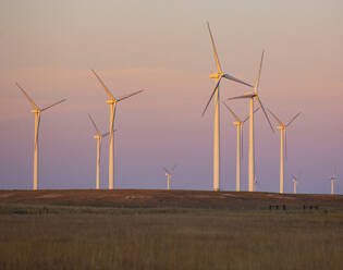 Wind Turbines in field against sunset sky - CAVF75659