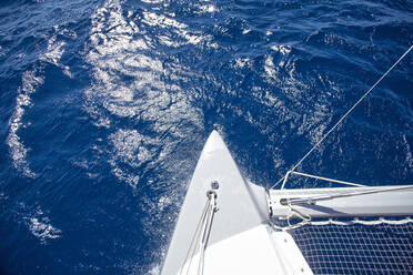 Bow of a catamaran during a cruise in the Mediterranean Sea. - CAVF75728