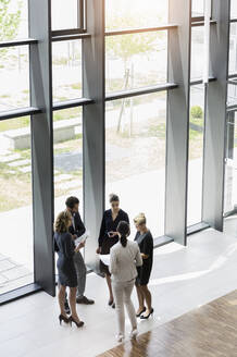 Geschäftsleute stehen in einem modernen Bürogebäude und besprechen ein Projekt - BMOF00293