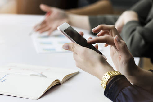 Nahaufnahme einer Geschäftsfrau, die während einer Besprechung im Büro ein Smartphone benutzt - BMOF00303