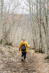 Wanderin auf Wanderweg im Wald, in der Nähe von Mina de Oro Romana, Las Medulas, Kastilien und Leon, Spanien - DGOF00533