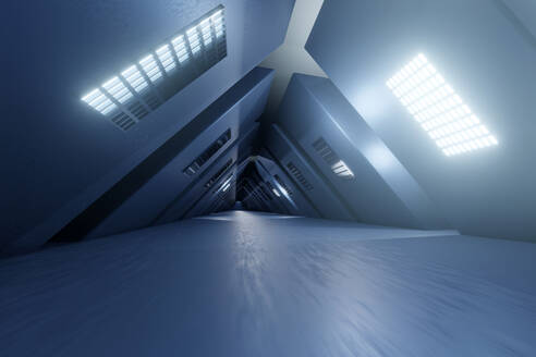 Dreidimensionales Rendering eines futuristischen Korridors mit schrägen Wänden - SPCF00516
